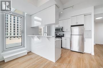 Toronto (Mount Pleasant West) condo for rent - A modern kitchen with white cabinets and a stainless steel refrigerator.