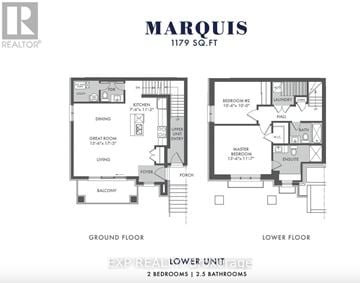 Ottawa townhouse for rent - A floor plan for a 1179 square foot home with two bedrooms and 2.5 bathrooms.