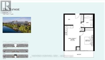 Welland (Broadway) condo for rent - A floor plan for a property called The Harvest is shown along with a small image of a river and trees.