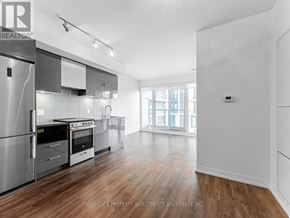 Toronto (Moss Park) condo for rent - A modern kitchen with wooden floors and stainless steel appliances.