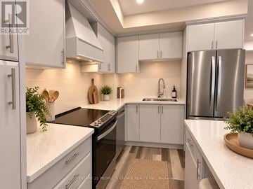 St. Catharines (Oakdale) condo for rent - A modern kitchen with white cabinets and stainless steel appliances.