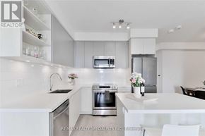 Mississauga (Central Erin Mills) condo for rent - A modern kitchen with white appliances and a dining table.