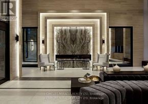 Toronto (Etobicoke West Mall) condo for rent - A modern living room with a large abstract painting on the wall.