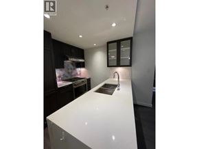 Vancouver apartment for rent - A modern kitchen with a white countertop and black cabinets.