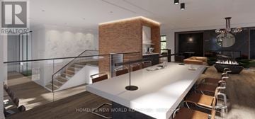 Toronto (Church-Yonge Corridor) condo for rent - A modern living room with a long white table and a brick pillar.