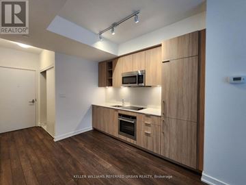 Toronto (Niagara) condo for rent - A kitchen with wooden cabinets and a microwave oven.