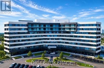 Ottawa condo for rent - A modern multi-story building with a parking lot in front.