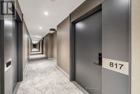 Toronto (South Parkdale) condo for rent - A hallway with a door numbered 817 and a brokerage sign.