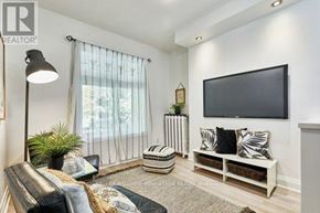 Toronto (The Beaches) multi-family for rent - A living room with a black couch, a television, and a plant.