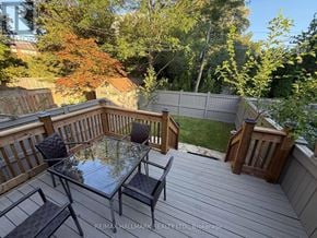 Toronto (Yonge-Eglinton) apartment for rent - A glass table with four chairs is on a wooden deck.