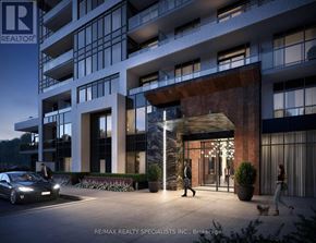 Oakville (Jm Joshua Meadows) condo for rent - A modern apartment building with a car parked in front and people walking on the sidewalk.