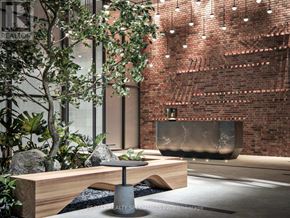 Oakville (Jm Joshua Meadows) condo for rent - A modern interior space with a wooden bench and a stone table.