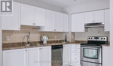 King (Schomberg) condo for rent - A kitchen with white cabinets and a granite countertop.