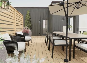 Ottawa multi-family for rent - A modern outdoor seating area with a wooden floor and black metal chairs.