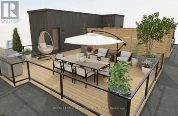 Ottawa multi-family for rent - A modern outdoor seating area with a white umbrella and a wooden table.