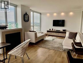 Vancouver apartment for rent - A living room with a fireplace, a couch, a chair, and a television.