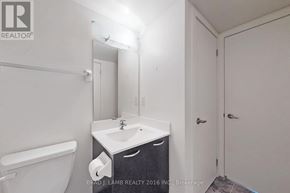 Toronto (Little Portugal) condo for rent - A bathroom with a toilet, sink, mirror, and a door.