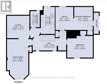 Toronto (High Park North) apartment for rent - A floor plan of a house with a living room, dining room, kitchen, office, two bathrooms, a hall, and two bedrooms.