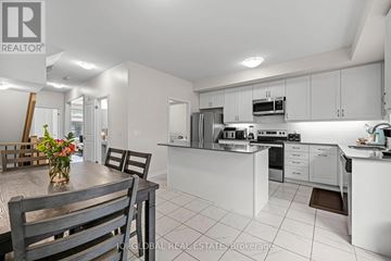 Brantford townhouse for rent - A modern kitchen with white cabinets and appliances.