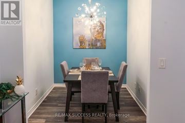 Mississauga (City Centre) condo for rent - A dining room with a table set for two and a painting on the wall.