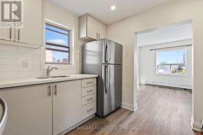 St. Catharines (E. Chester) apartment for rent - A kitchen with a refrigerator, sink, and cabinets.