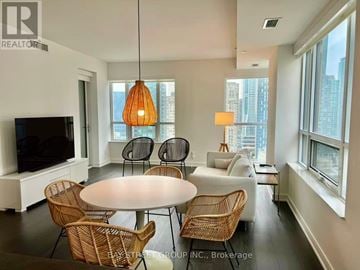 Toronto (Church-Yonge Corridor) condo for rent - A living room with a white table and chairs, a television, and a large window.