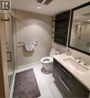 Coquitlam apartment for rent - A bathroom with a toilet, sink, and mirror.