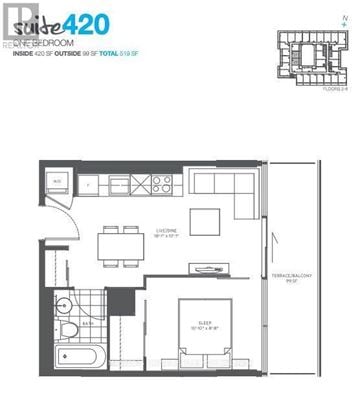 Toronto (Mount Pleasant West) condo for rent - A floor plan for a suite 420 bedroom with a living room, dining room, kitchen, and bathroom.
