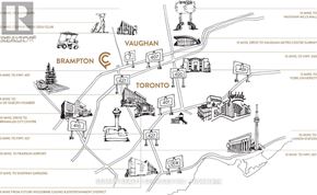 Brampton (Bram East) condo for rent - A map of a city with a lot of landmarks and the time it takes to get to each one.