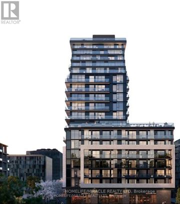 Mississauga (Cooksville) condo for rent - A tall building with a sign that reads "HOMELIFE/MIRACLE REALTY LTD. Brokerage" in front of it.
