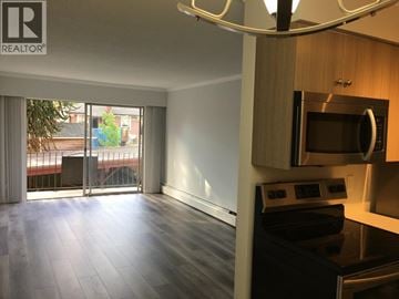 New Westminster apartment for rent - A modern kitchen with a microwave and oven built into the cabinetry.