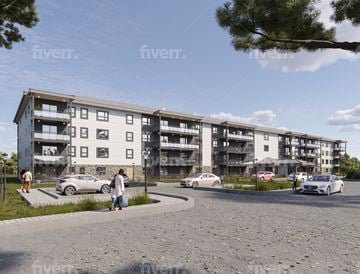 Beaverbank apartment for rent - A modern apartment complex with cars parked in front and people walking around.