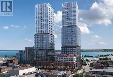 Barrie (City Centre) condo for rent - Two tall buildings are shown in the image with the logo REALTOR in the top left corner.