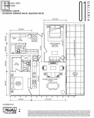 Toronto (Junction Area) condo for rent - A floor plan for a 2 bedroom + den apartment with a master suite and a kitchen/dining/living area.