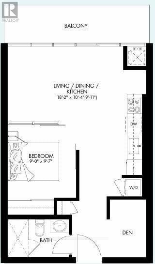 Welland (Broadway) condo for rent - A floor plan of a balcony with living, dining, kitchen, bedroom, bath, and den areas.