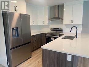 Azilda apartment for rent - A modern kitchen with a stainless steel refrigerator and wooden cabinets.