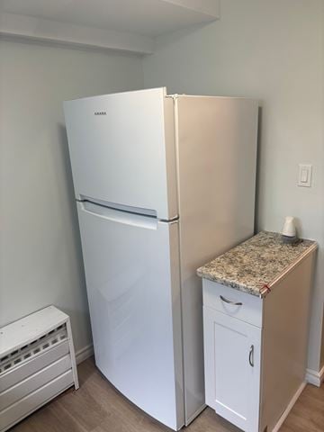 Belleville apartment for rent - A white refrigerator and a small drawer cabinet with a granite countertop sit in a kitchen.