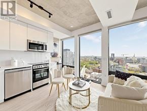 Toronto (Moss Park) condo for rent - A modern kitchen with a view of the city.