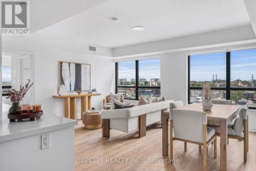 Toronto (Thorncliffe Park) condo for rent - A modern living room with a dining table and chairs, and a view of the city through the windows.