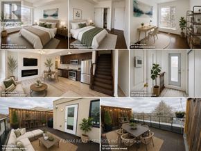 Toronto (Englemount-Lawrence) townhouse for rent - A real estate advertisement showcasing various bedrooms and outdoor spaces.
