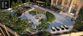 Vaughan (Concord) condo for rent - A rendering of a courtyard with a fire pit surrounded by trees and a building in the background.
