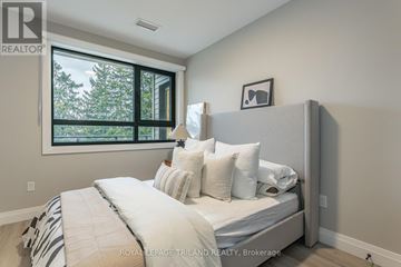 London North (North G) apartment for rent - A bedroom with a large bed and a window overlooking trees.