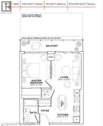 Hamilton condo for rent - A floor plan of an apartment with a living room, kitchen, and bathroom.