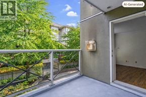 Port Coquitlam apartment for rent - A balcony with a metal railing and a view of a garden and other buildings.