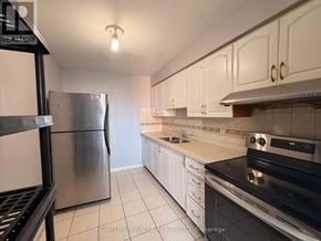 Toronto (Dorset Park) condo for rent - A kitchen with white cabinets and a stainless steel refrigerator.
