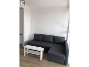Burnaby apartment for rent - A grey couch with a white coffee table in front of it.
