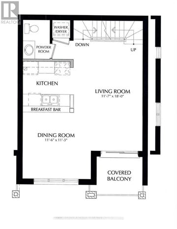 Brantford townhouse for rent - A floor plan of a house with a living room, dining room, kitchen, powder room, and a covered balcony.