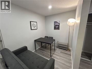 Waterloo apartment for rent - A living room with a grey couch and a black table.