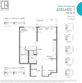 Toronto (Moss Park) condo for rent - A floor plan for a property located in Adelaide 1, showing a 2 Bedroom, 9' Ceiling layout.