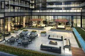 Toronto (Moss Park) condo for rent - A modern courtyard with tables and chairs is part of a real estate development.
